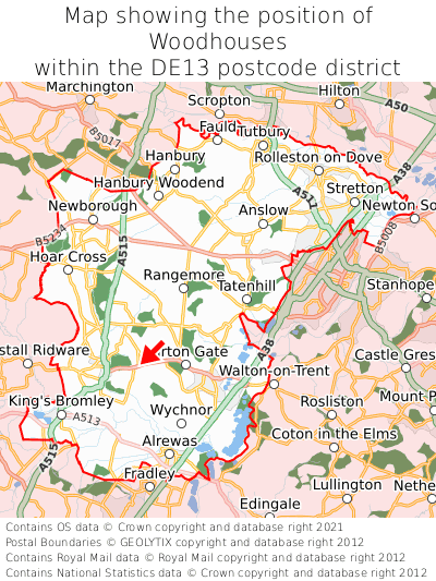 Map showing location of Woodhouses within DE13