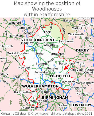 Map showing location of Woodhouses within Staffordshire