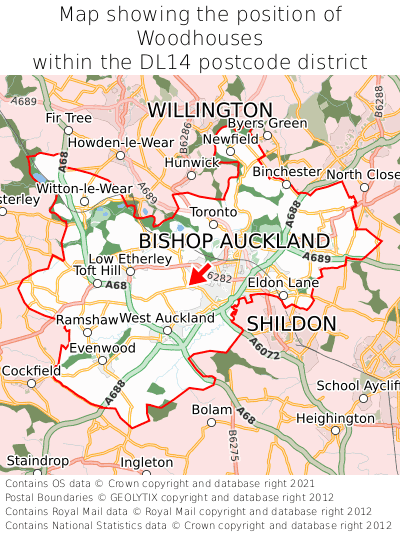 Map showing location of Woodhouses within DL14