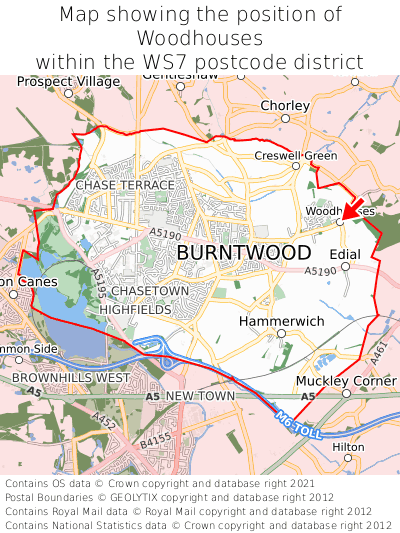 Map showing location of Woodhouses within WS7