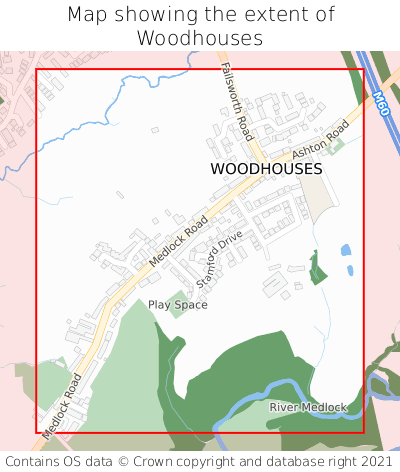 Map showing extent of Woodhouses as bounding box