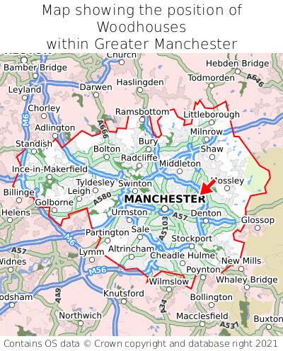 Map showing location of Woodhouses within Greater Manchester