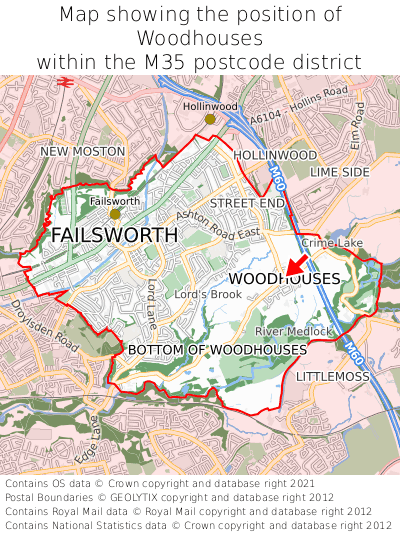 Map showing location of Woodhouses within M35