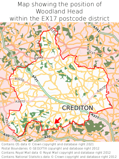 Map showing location of Woodland Head within EX17