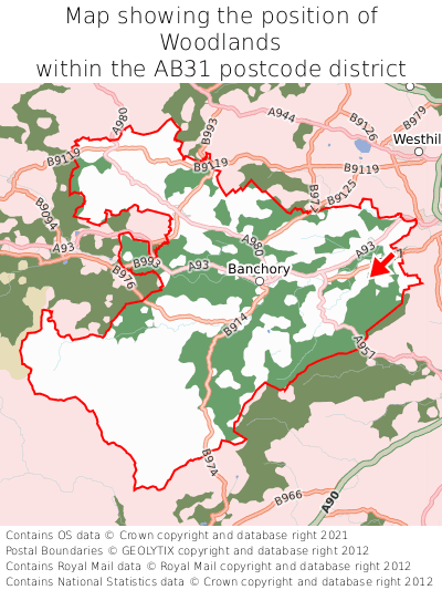 Map showing location of Woodlands within AB31