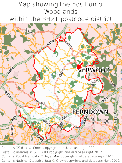 Map showing location of Woodlands within BH21