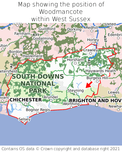 Map showing location of Woodmancote within West Sussex