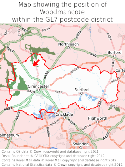 Map showing location of Woodmancote within GL7