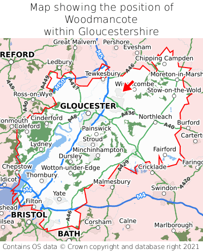 Map showing location of Woodmancote within Gloucestershire