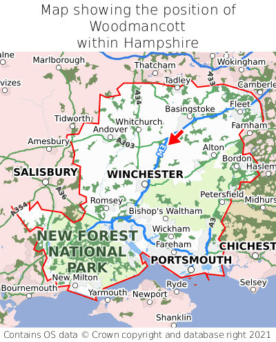 Map showing location of Woodmancott within Hampshire