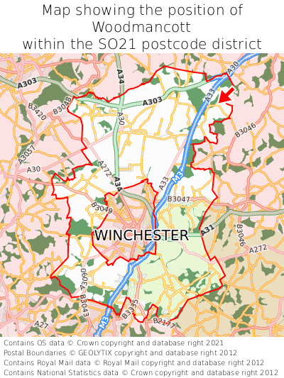 Map showing location of Woodmancott within SO21