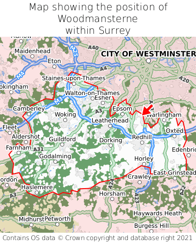 Map showing location of Woodmansterne within Surrey
