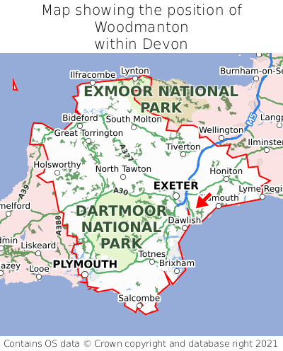 Map showing location of Woodmanton within Devon