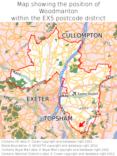Map showing location of Woodmanton within EX5