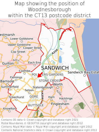 Map showing location of Woodnesborough within CT13