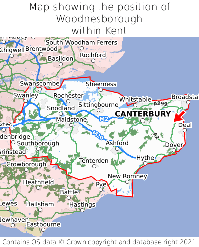 Map showing location of Woodnesborough within Kent