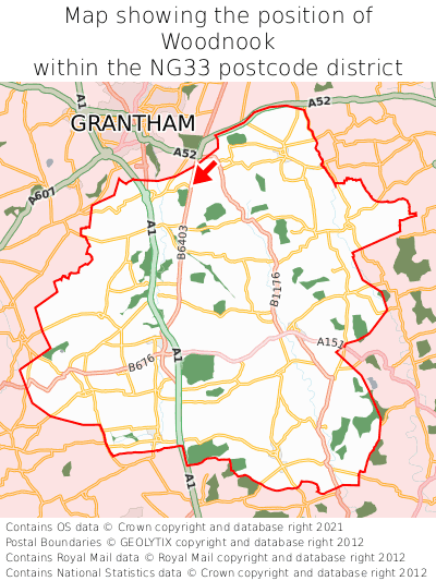Map showing location of Woodnook within NG33