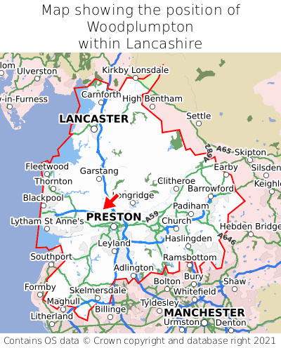 Map showing location of Woodplumpton within Lancashire
