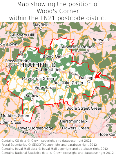 Map showing location of Wood's Corner within TN21