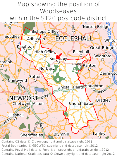 Map showing location of Woodseaves within ST20