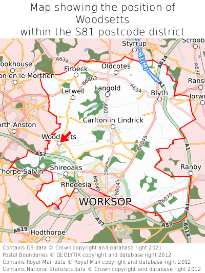 Map showing location of Woodsetts within S81