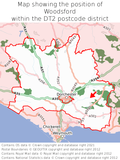 Map showing location of Woodsford within DT2