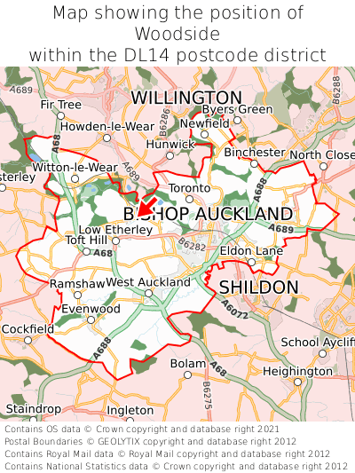 Map showing location of Woodside within DL14