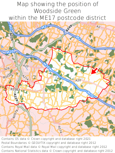 Map showing location of Woodside Green within ME17