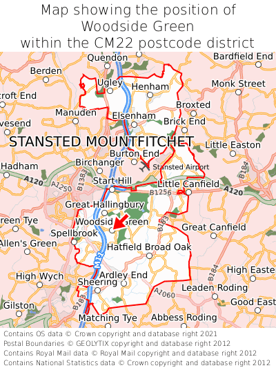 Map showing location of Woodside Green within CM22