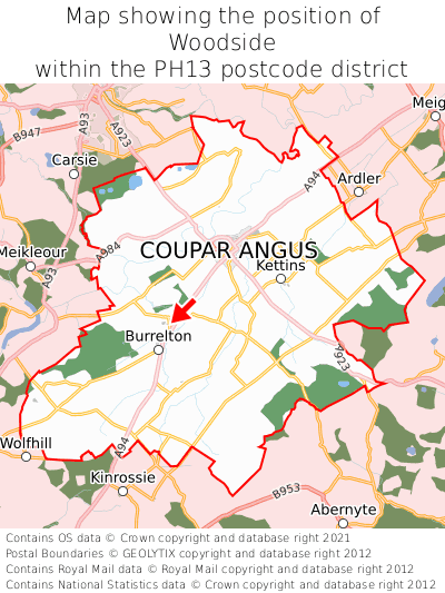 Map showing location of Woodside within PH13