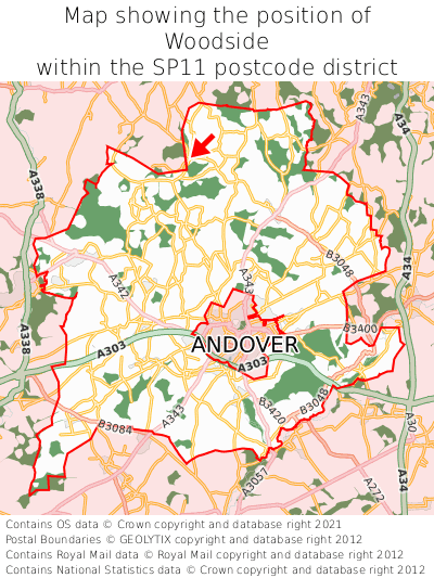 Map showing location of Woodside within SP11