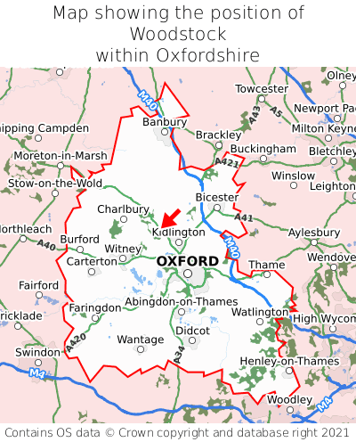 Map showing location of Woodstock within Oxfordshire