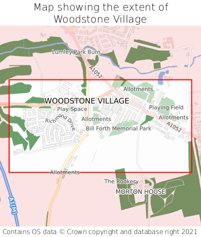 Map showing extent of Woodstone Village as bounding box