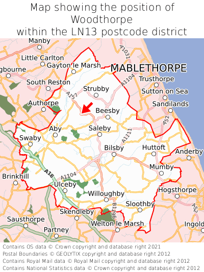 Map showing location of Woodthorpe within LN13