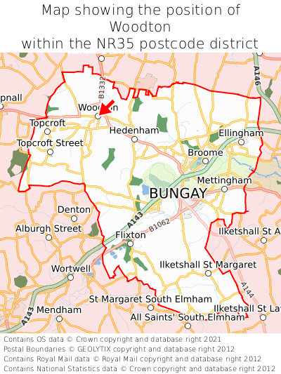 Map showing location of Woodton within NR35