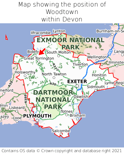 Map showing location of Woodtown within Devon