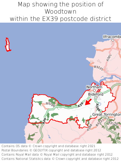 Map showing location of Woodtown within EX39