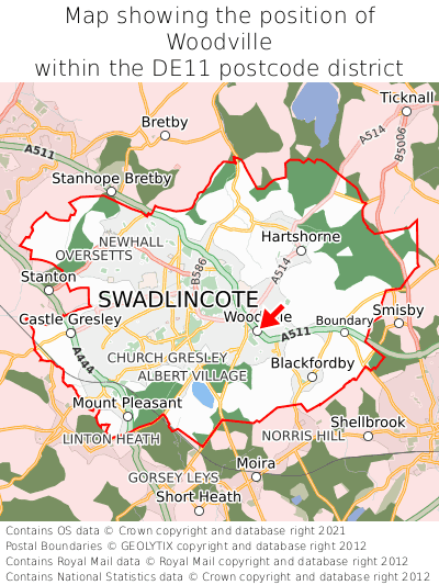 Map showing location of Woodville within DE11