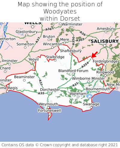 Map showing location of Woodyates within Dorset