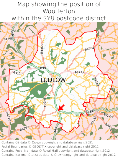 Map showing location of Woofferton within SY8