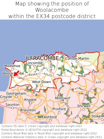 Map showing location of Woolacombe within EX34