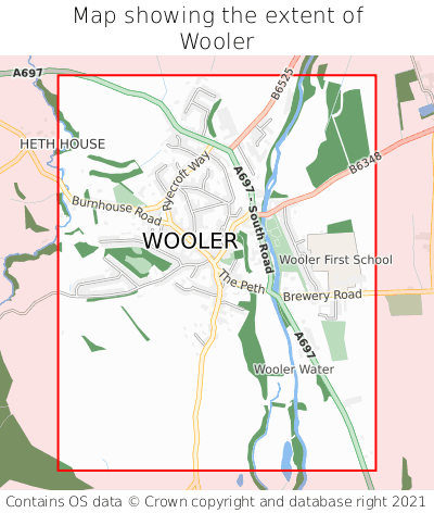 Map showing extent of Wooler as bounding box