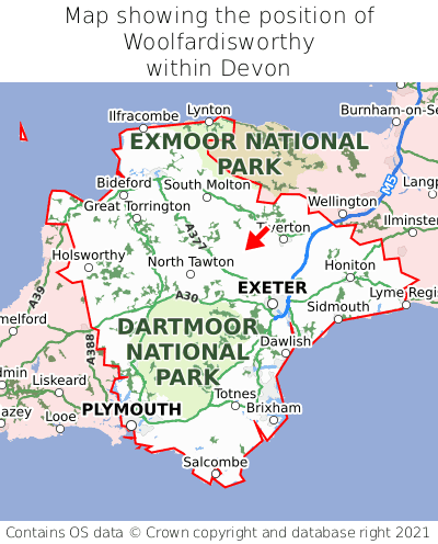 Map showing location of Woolfardisworthy within Devon