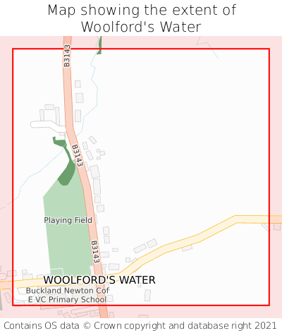 Map showing extent of Woolford's Water as bounding box