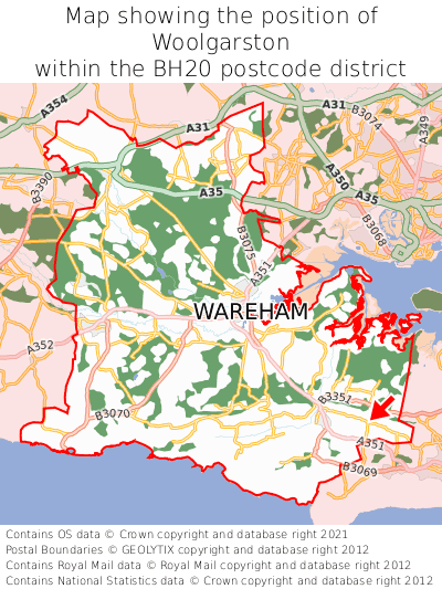 Map showing location of Woolgarston within BH20