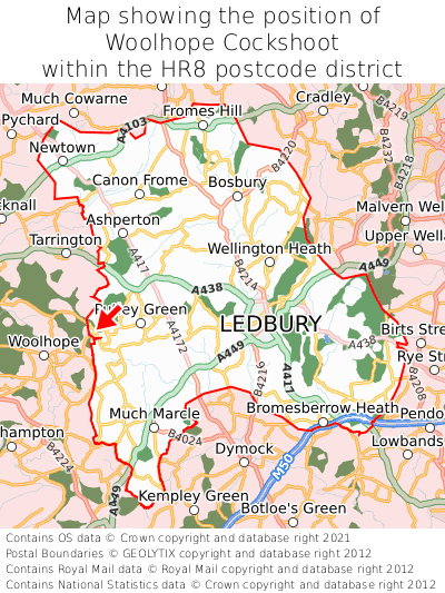 Map showing location of Woolhope Cockshoot within HR8