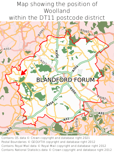 Map showing location of Woolland within DT11