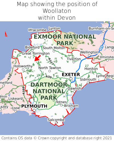 Map showing location of Woollaton within Devon