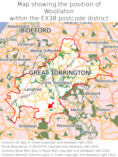 Map showing location of Woollaton within EX38