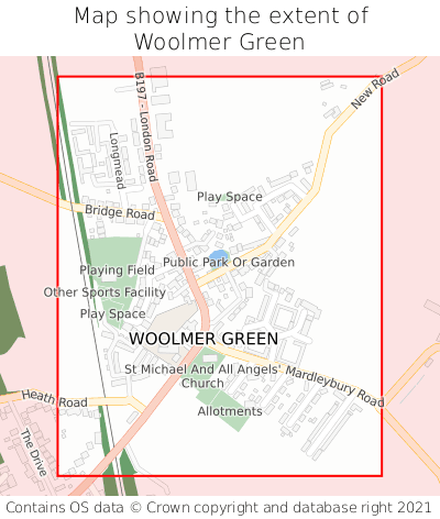 Map showing extent of Woolmer Green as bounding box